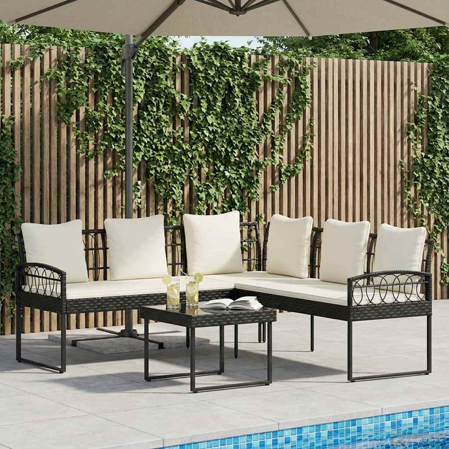 Tuinbankenset met kussen 2 pcs Zwart Poly Rattan en Staal