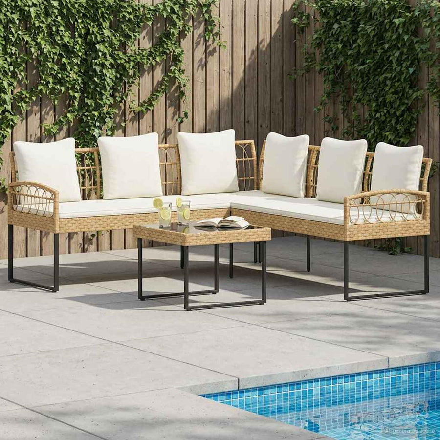 Tuinbankenset met kussen 2 pcs Naturel Poly Rattan en Staal