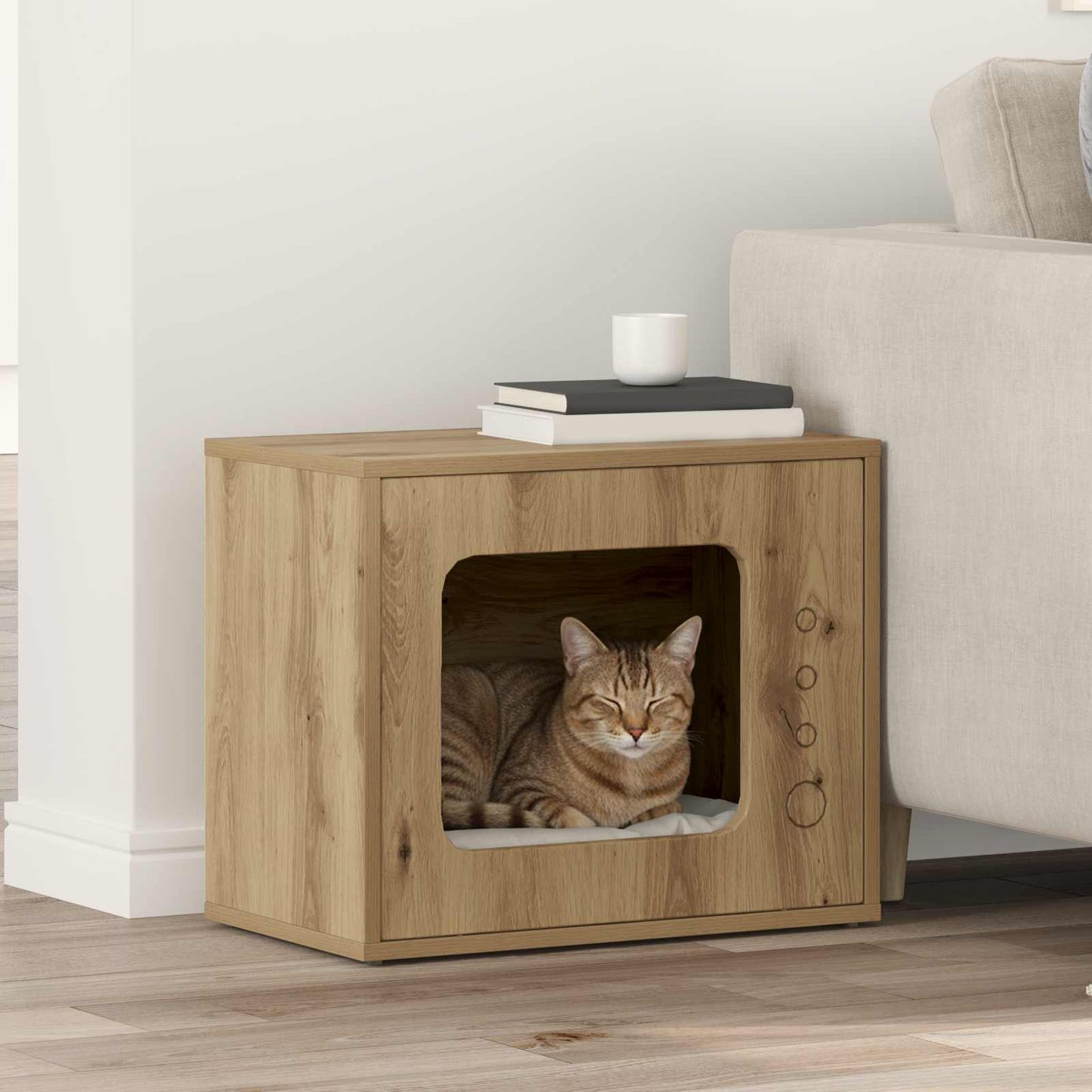 Kattenhuis Ambachtelijk Eiken 51 X 30 X 42 Cm Bewerkt Hout artisanaal eikenkleurig