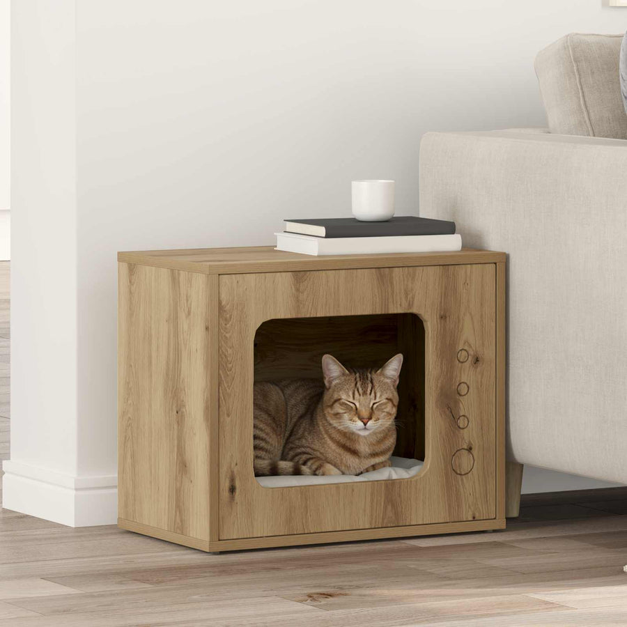 Kattenhuis Ambachtelijk Eiken 51 X 30 X 42 Cm Bewerkt Hout artisanaal eikenkleurig