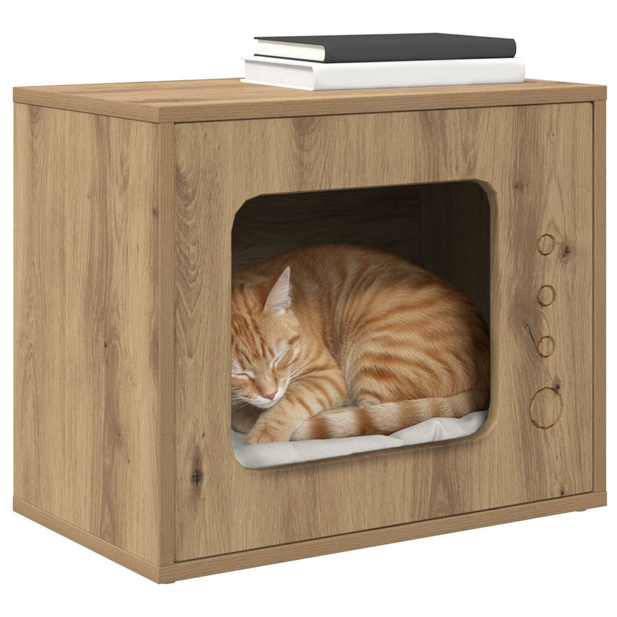 Kattenhuis Ambachtelijk Eiken 51 X 30 X 42 Cm Bewerkt Hout artisanaal eikenkleurig