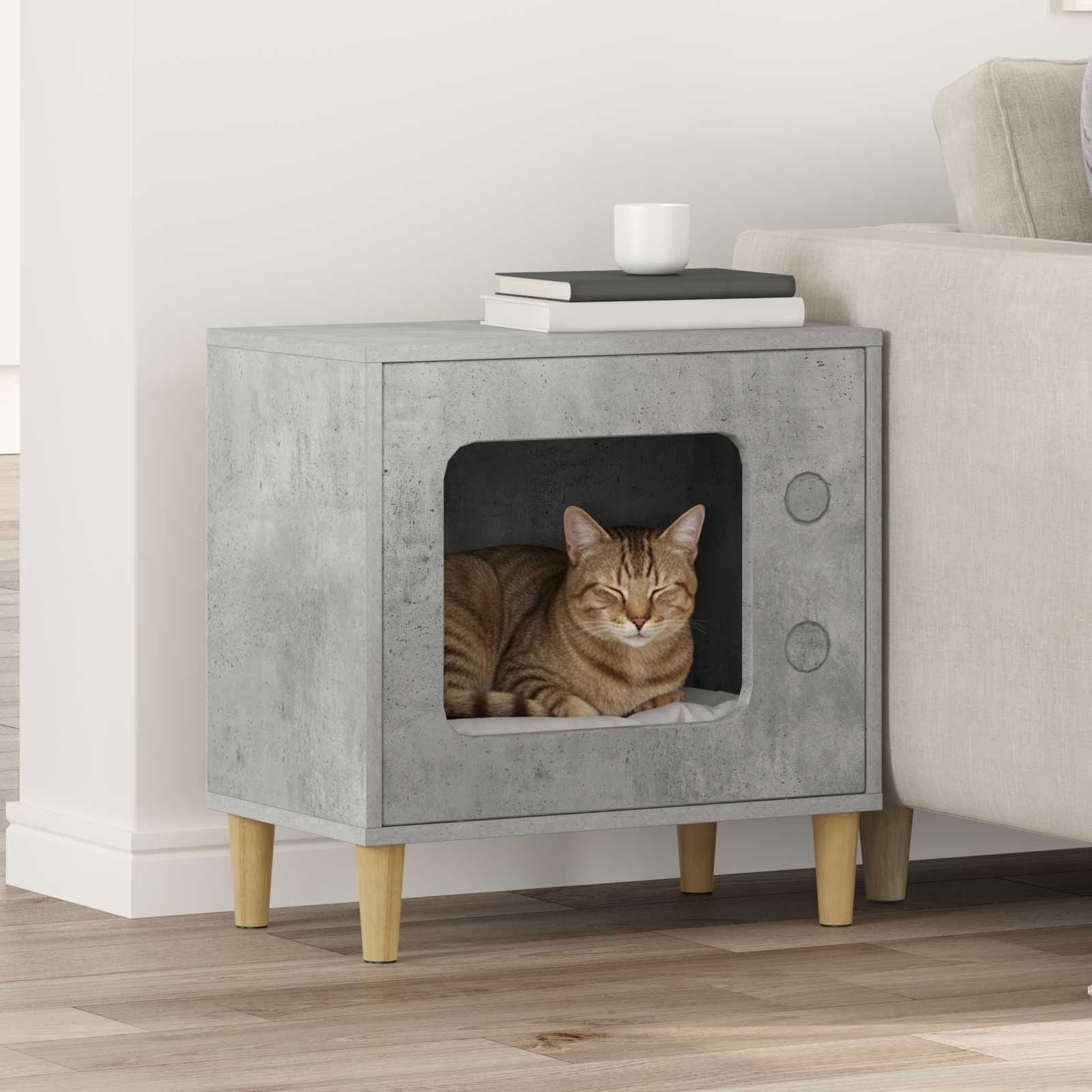 Kattenhuis Beton 51 X 30 X 52 Cm Bewerkt Hout Betongrijs