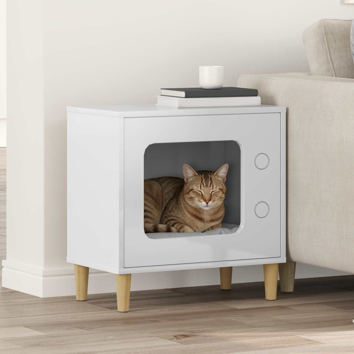 Kattenhuis Glanzend Wit 51 X 30 X 52 Cm Bewerkt Hout Hoogglans wit