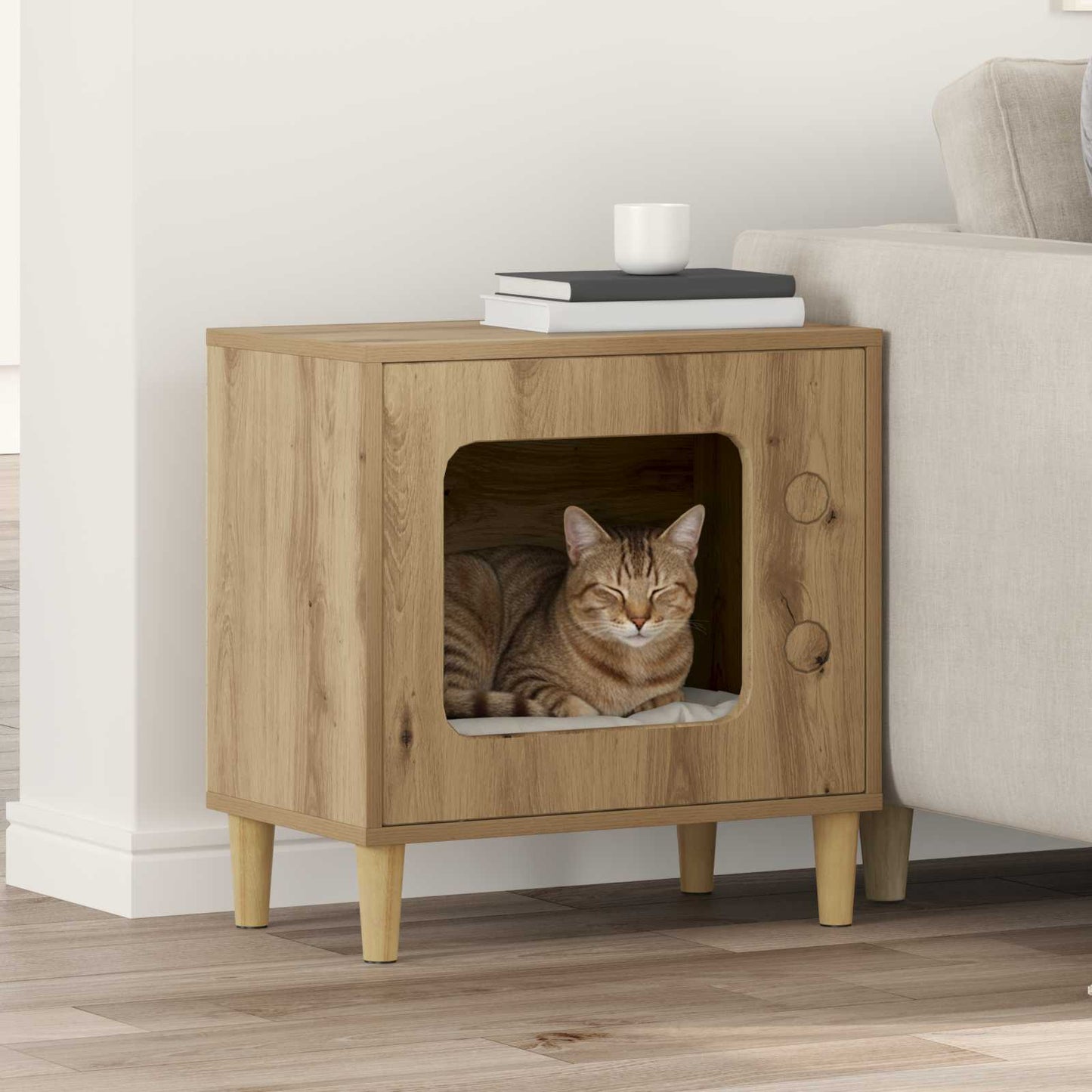 Kattenhuis Ambachtelijk Eiken 51 X 30 X 52 Cm Bewerkt Hout artisanaal eikenkleurig