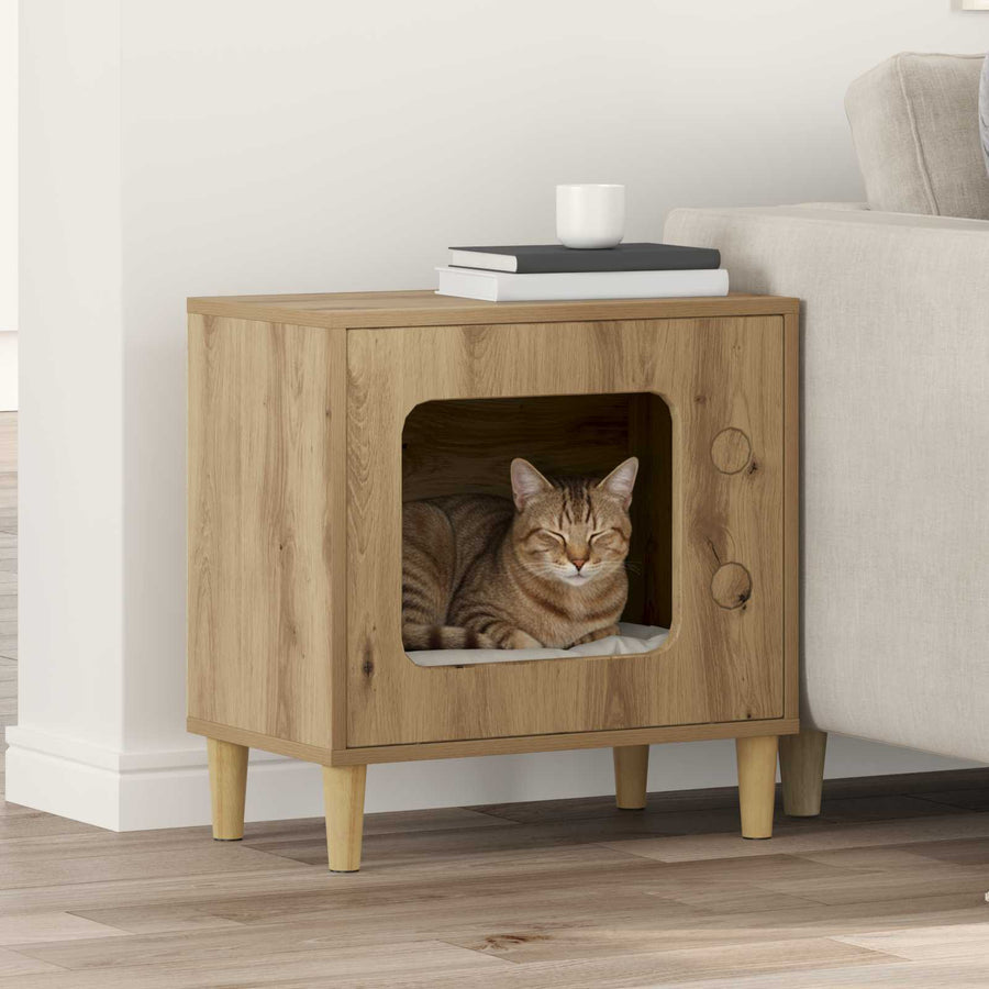 Kattenhuis Ambachtelijk Eiken 51 X 30 X 52 Cm Bewerkt Hout artisanaal eikenkleurig