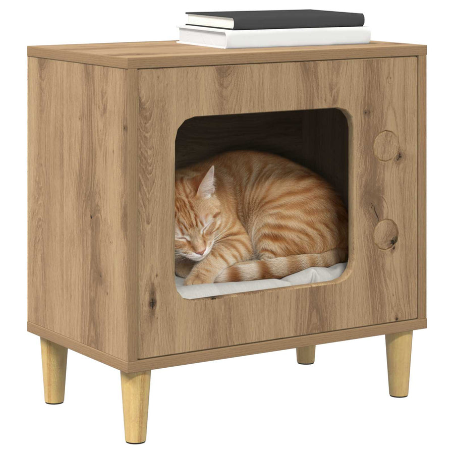 Kattenhuis Ambachtelijk Eiken 51 X 30 X 52 Cm Bewerkt Hout artisanaal eikenkleurig
