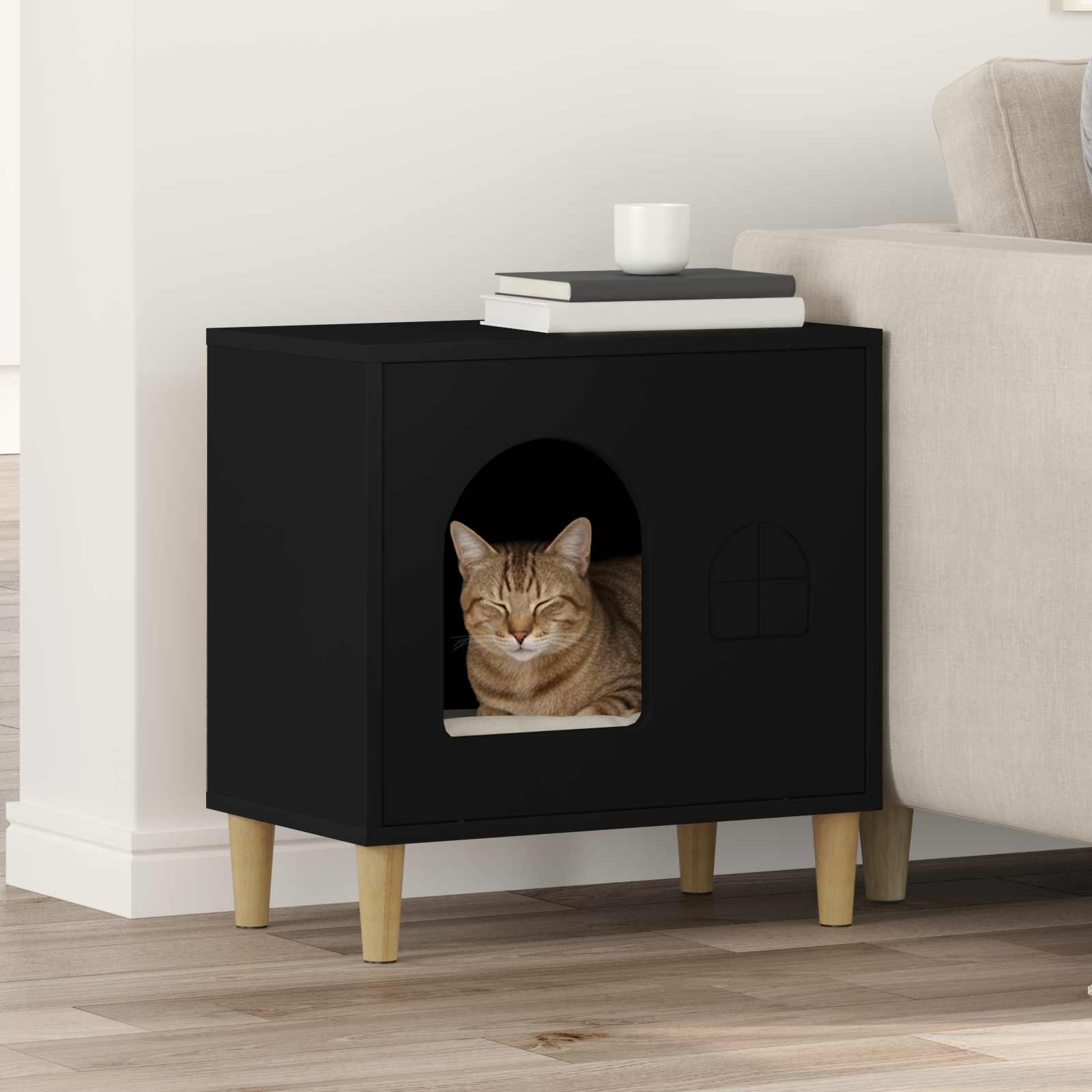 Kattenhuis 51 X 30 X 52 Cm Bewerkt Hout Zwart