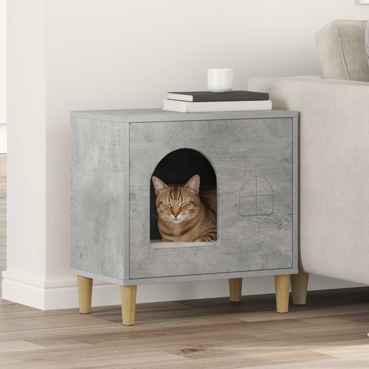 Kattenhuis Beton 51 X 30 X 52 Cm Bewerkt Hout Betongrijs