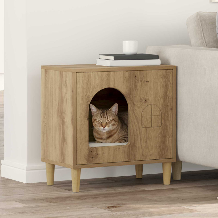 Kattenhuis Ambachtelijk Eiken 51 X 30 X 52 Cm Bewerkt Hout artisanaal eikenkleurig