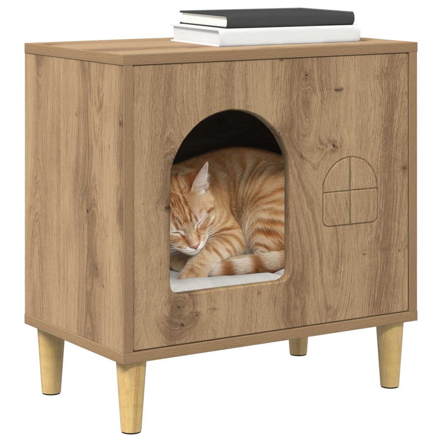 Kattenhuis Ambachtelijk Eiken 51 X 30 X 52 Cm Bewerkt Hout artisanaal eikenkleurig