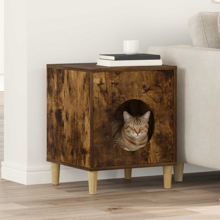 Kattenhuis 42,5 X 40 X 52,5 Cm Bewerkt Hout Gerookt eiken