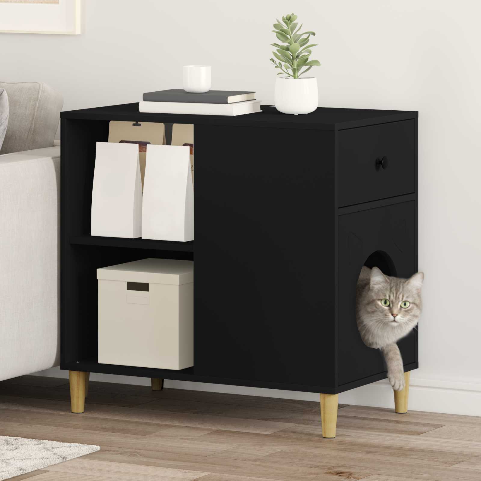 Kattenhuis 72 X 42,5 X 70 Cm Bewerkt Hout Zwart
