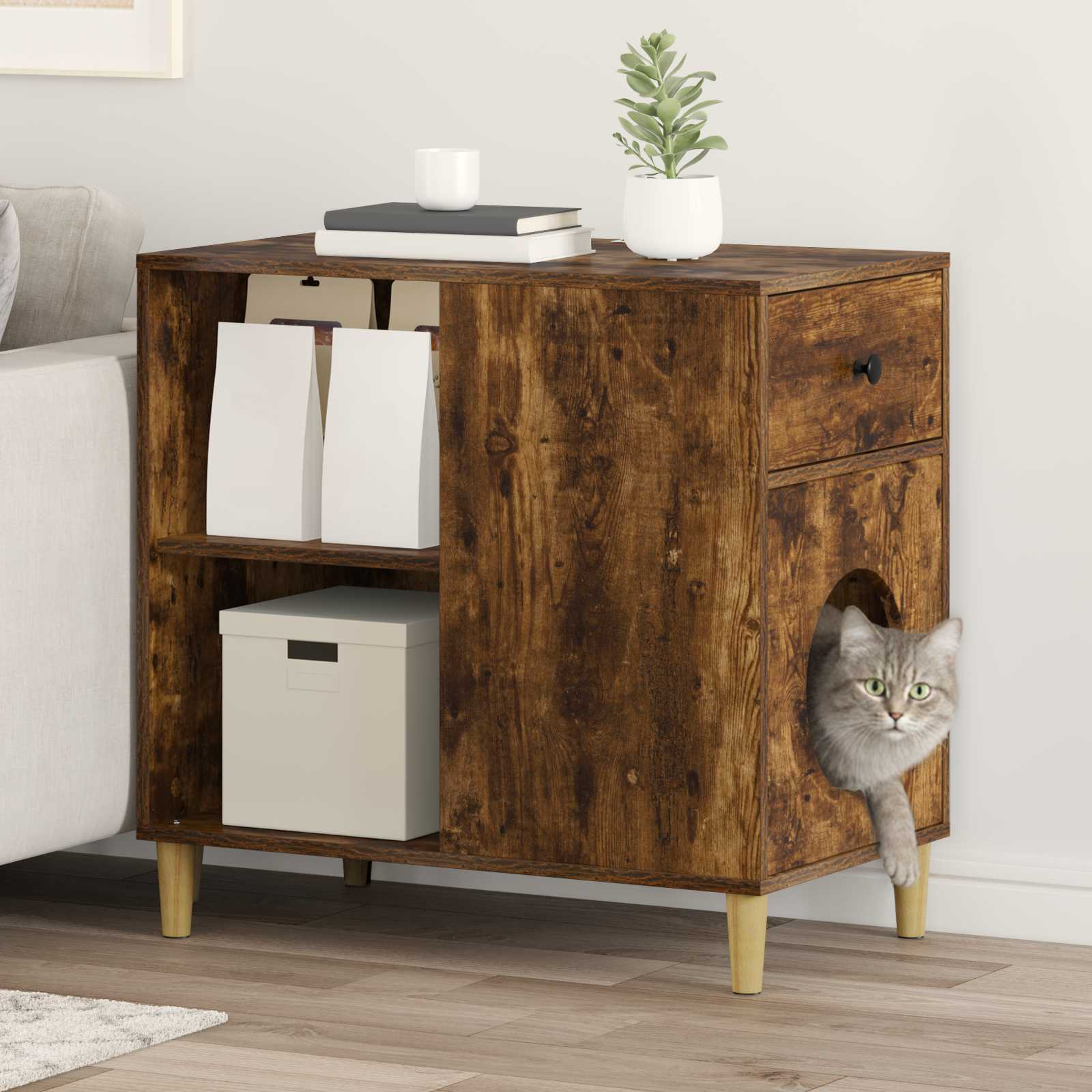 Kattenhuis 72 X 42,5 X 70 Cm Bewerkt Hout Gerookt eiken