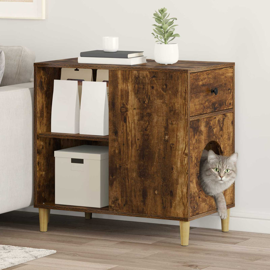 Kattenhuis 72 X 42,5 X 70 Cm Bewerkt Hout Gerookt eiken