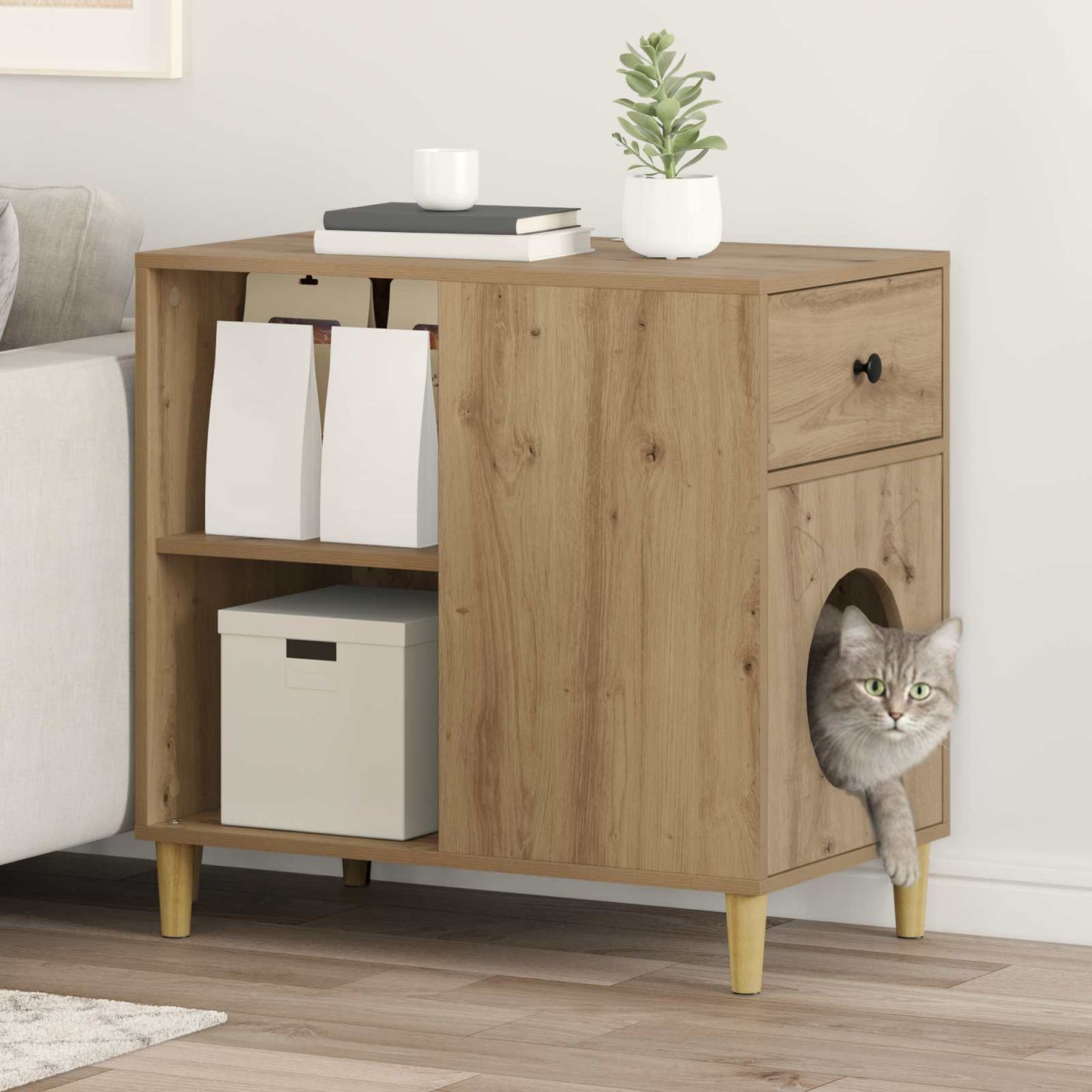 Kattenhuis Ambachtelijk Eiken 72 X 42,5 X 70 Cm Bewerkt Hout artisanaal eikenkleurig