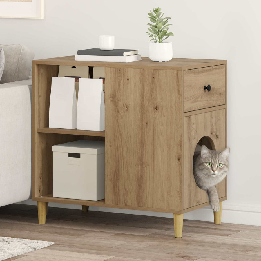 Kattenhuis Ambachtelijk Eiken 72 X 42,5 X 70 Cm Bewerkt Hout artisanaal eikenkleurig
