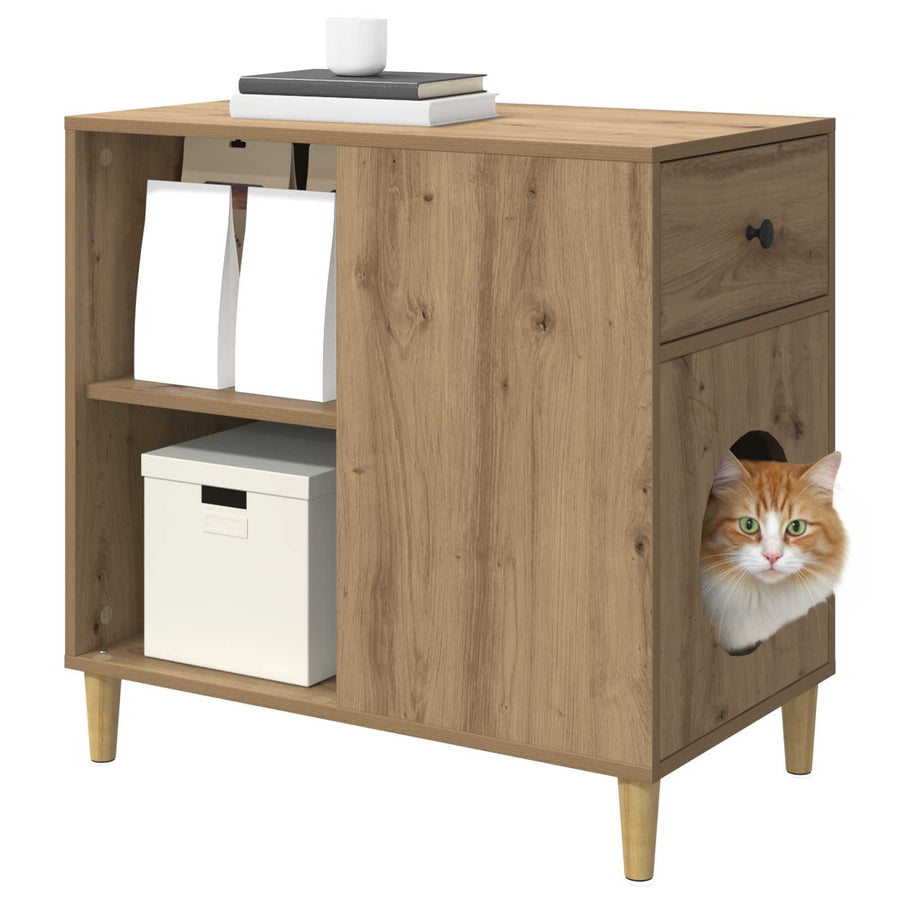 Kattenhuis Ambachtelijk Eiken 72 X 42,5 X 70 Cm Bewerkt Hout artisanaal eikenkleurig