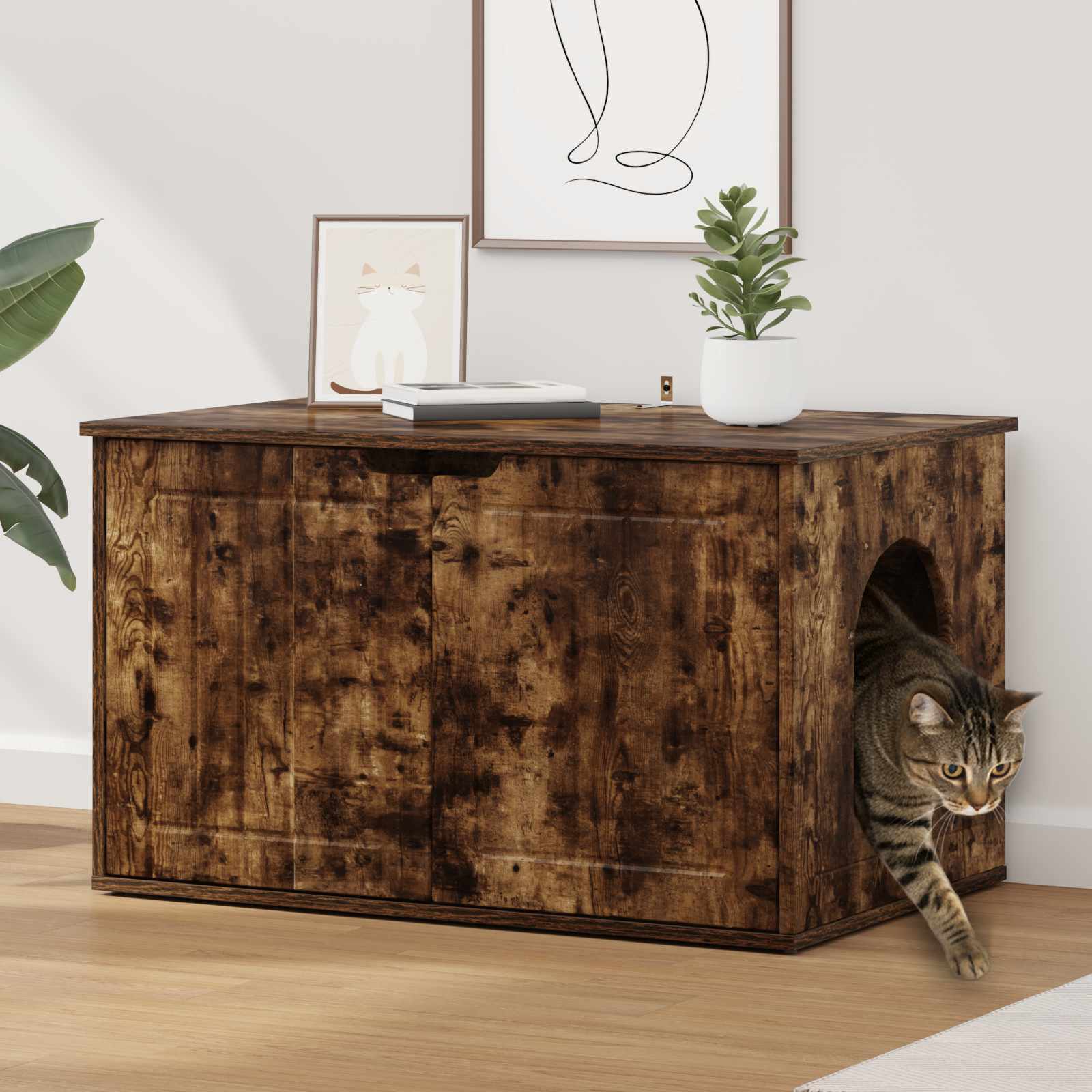 Kattenhuis Gerookt eiken 85 x 55 x 53,5 cm Bewerkt hout