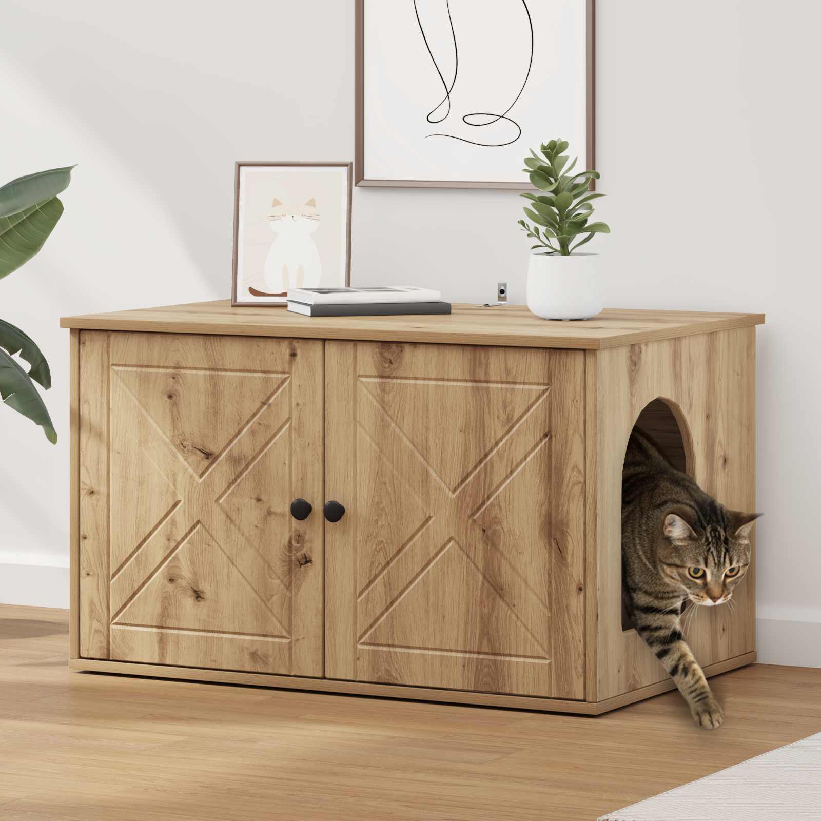Kattenhuis Ambachtelijk eiken 85 x 55 x 50 cm Bewerkt hout