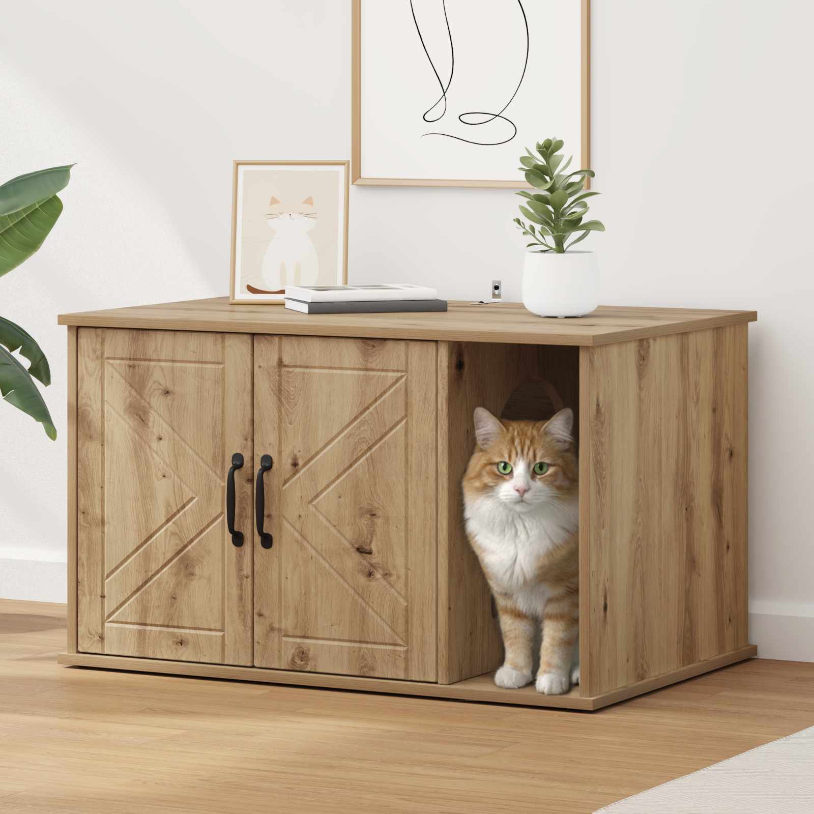 Kattenhuis Ambachtelijk eiken 85 x 55 x 50 cm Bewerkt hout