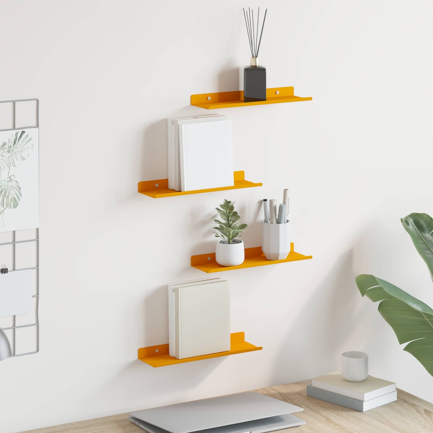 Wandplank met plank 4 pcs Mosterdgeel 30 x 9 x 2,5 cm