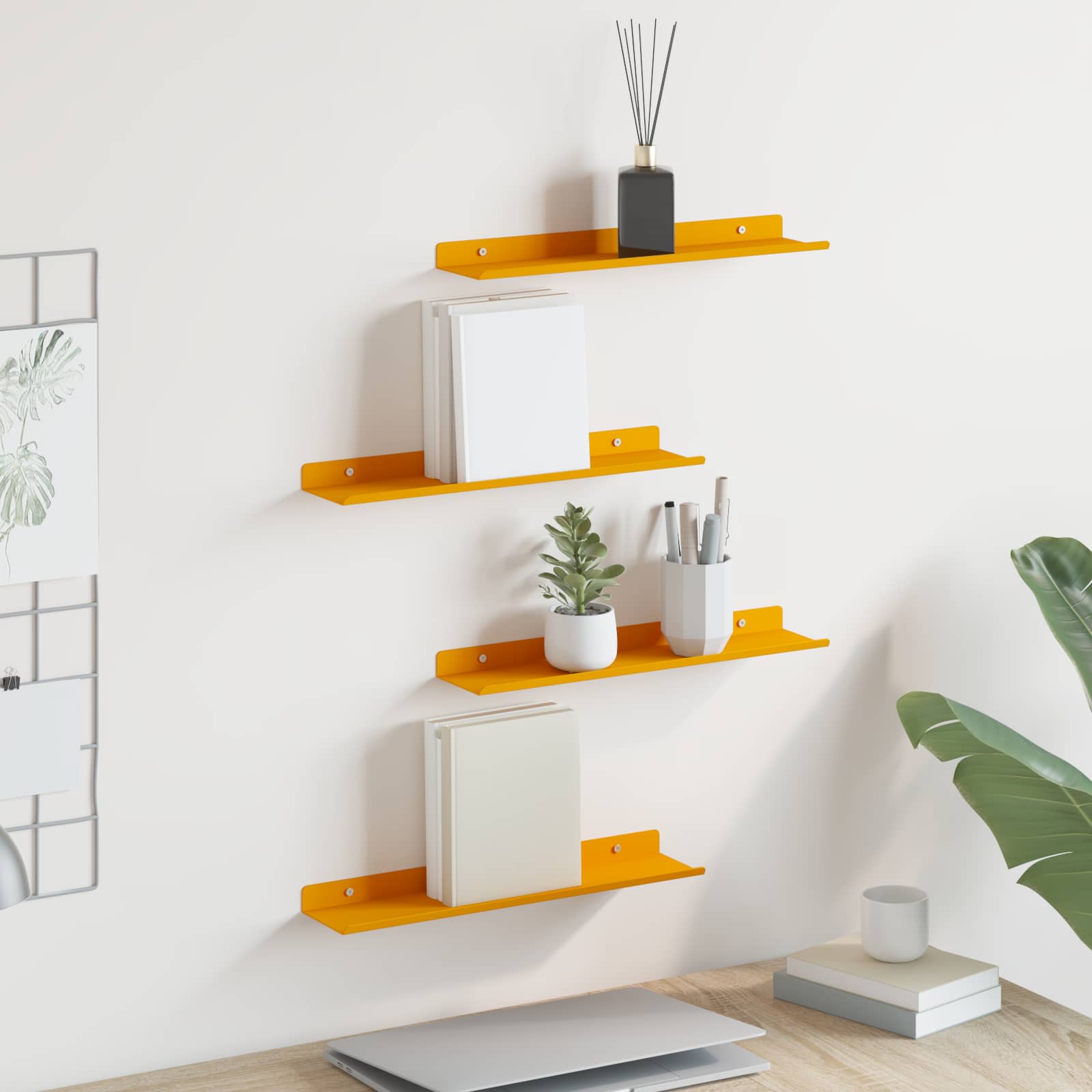 Wandplank met plank 4 pcs Mosterdgeel 40 x 9 x 2,5 cm