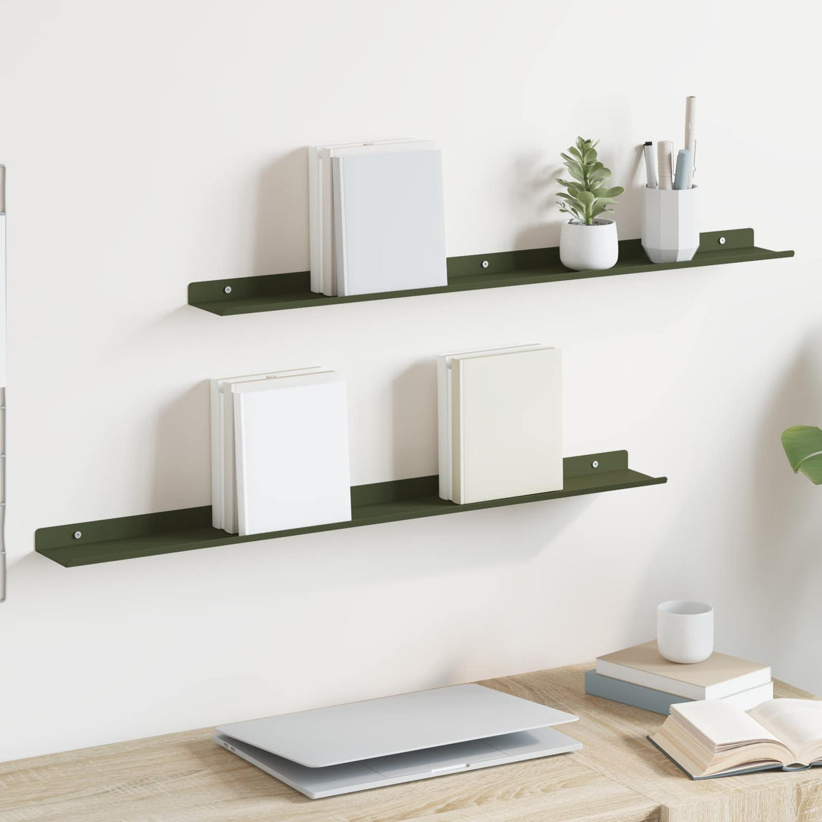 Wandplank met plank 2 pcs Olijf Groen 80 x 9 x 2,5 cm
