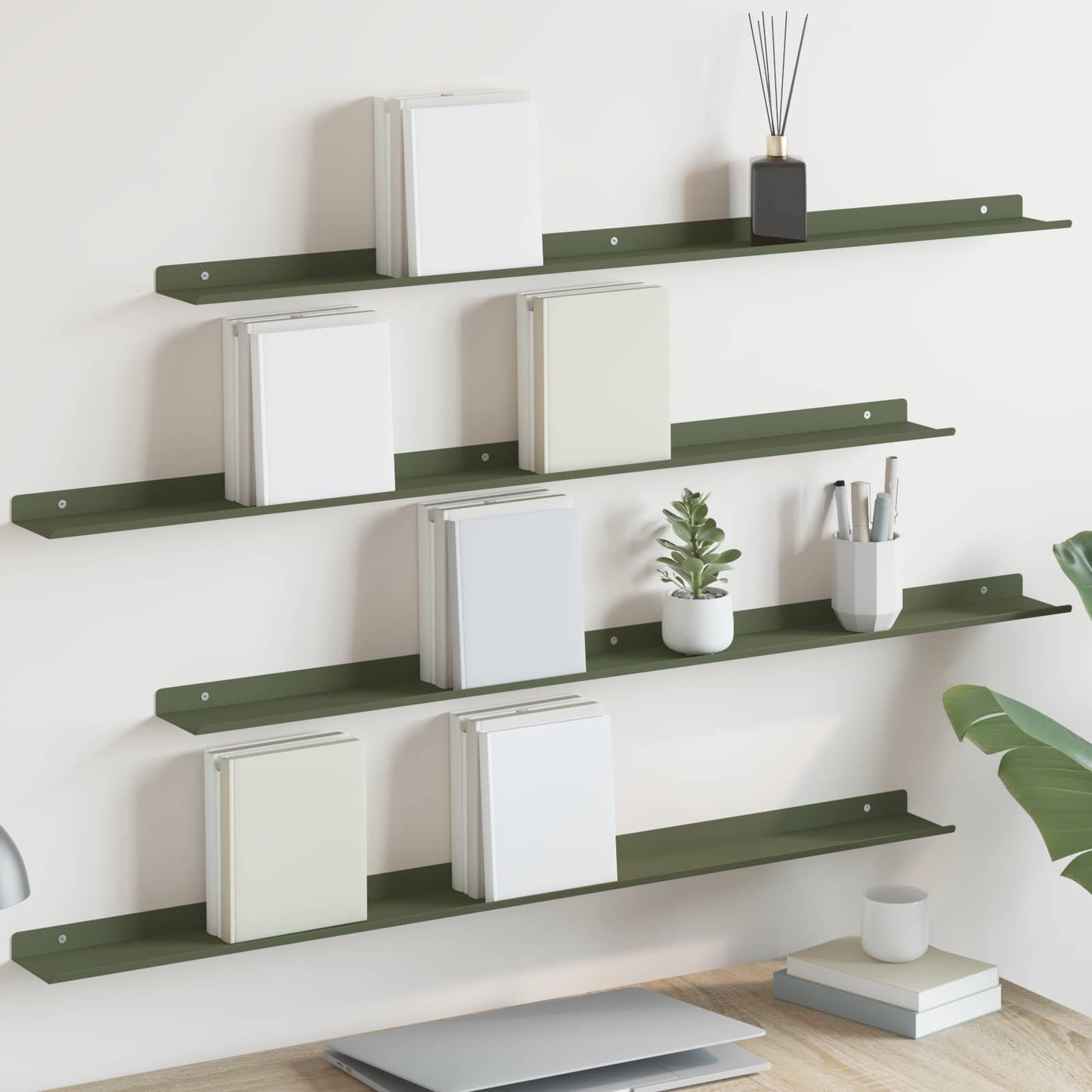 Wandplank met plank 4 pcs Olijf Groen 100 x 9 x 2,5 cm