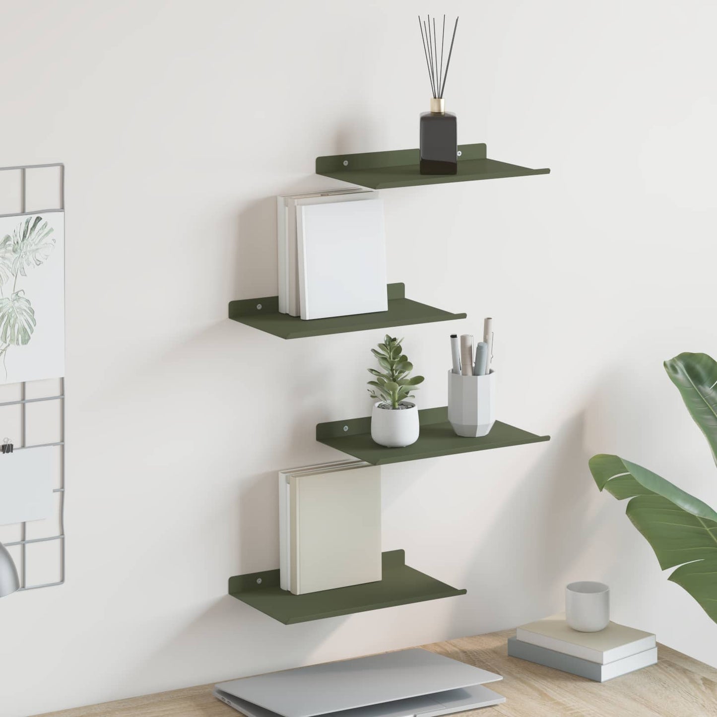 Wandplank met plank 4 pcs Olijf Groen 30 x 18 x 2,5 cm