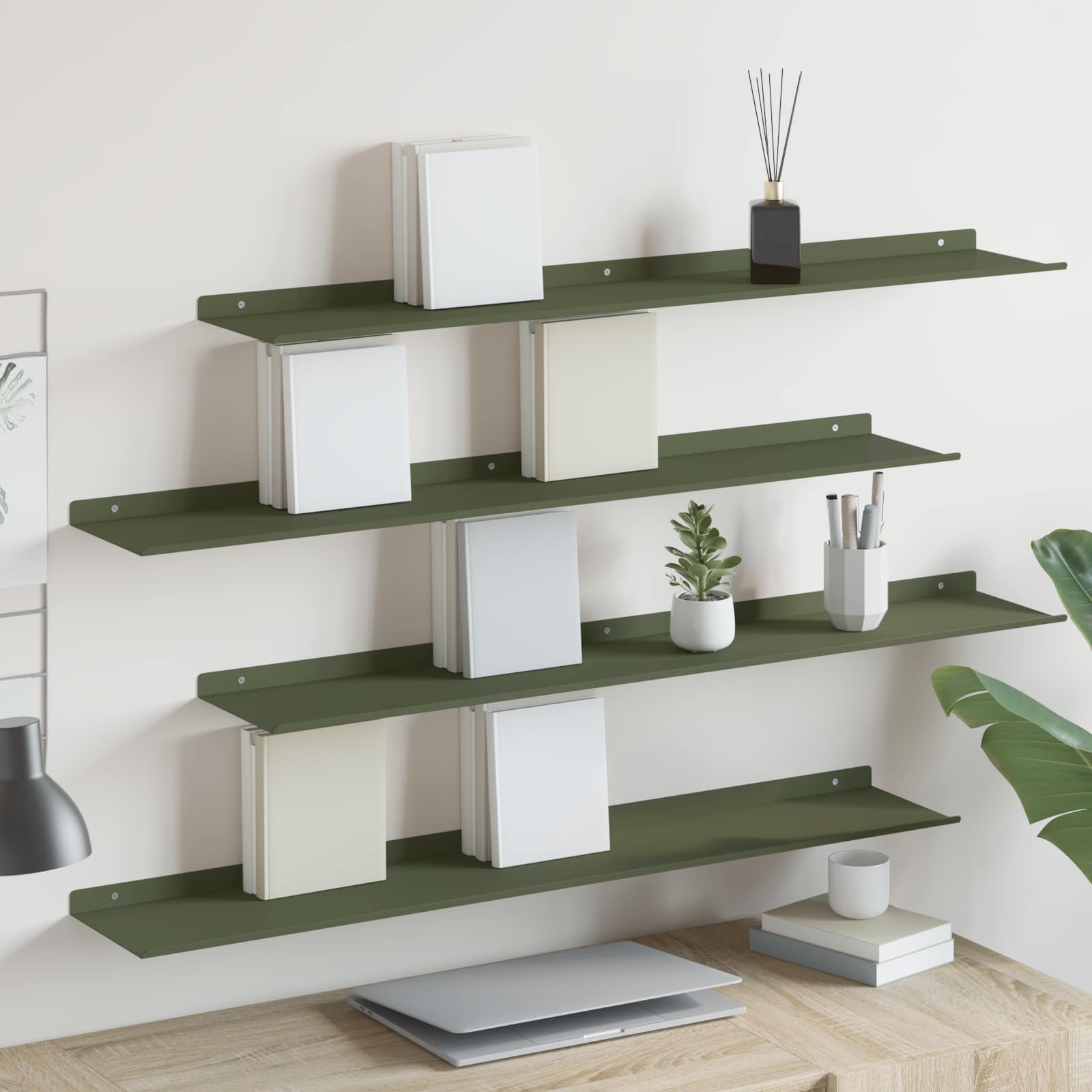 Wandplank met plank 4 pcs Olijf Groen 100 x 18 x 2,5 cm