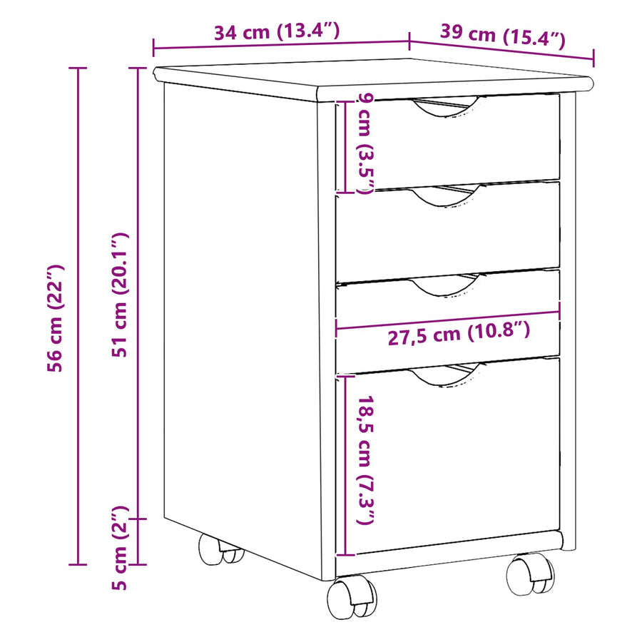 Rolling Kast met wiel Zwart 34 x 39 x 56 cm Massief Vurenhout