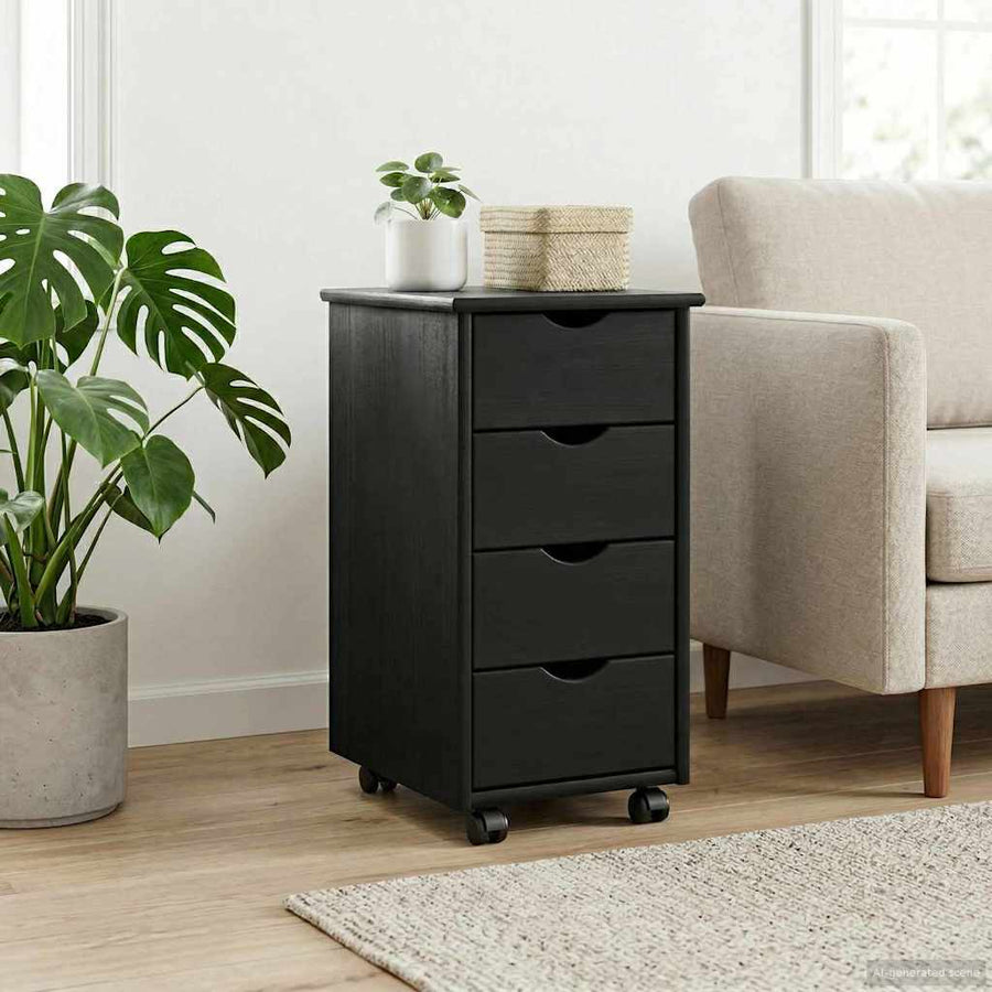 Rolling Kast met wiel Zwart 34 x 39 x 65,5 cm Massief Vurenhout