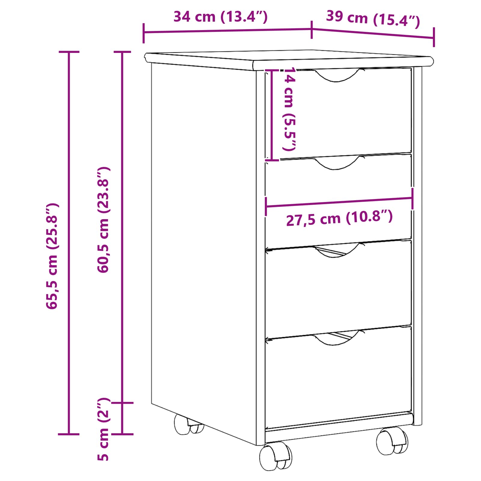 Rolling Kast met wiel Zwart 34 x 39 x 65,5 cm Massief Vurenhout