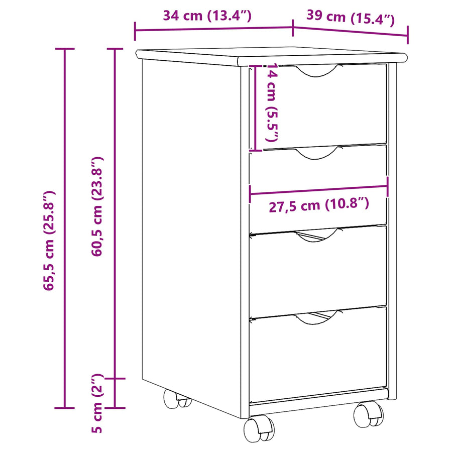 Rolling Kast met wiel Zwart 34 x 39 x 65,5 cm Massief Vurenhout