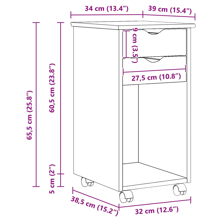 Rolling Kast met wiel Wit 34 x 39 x 65,5 cm Massief grenenhout