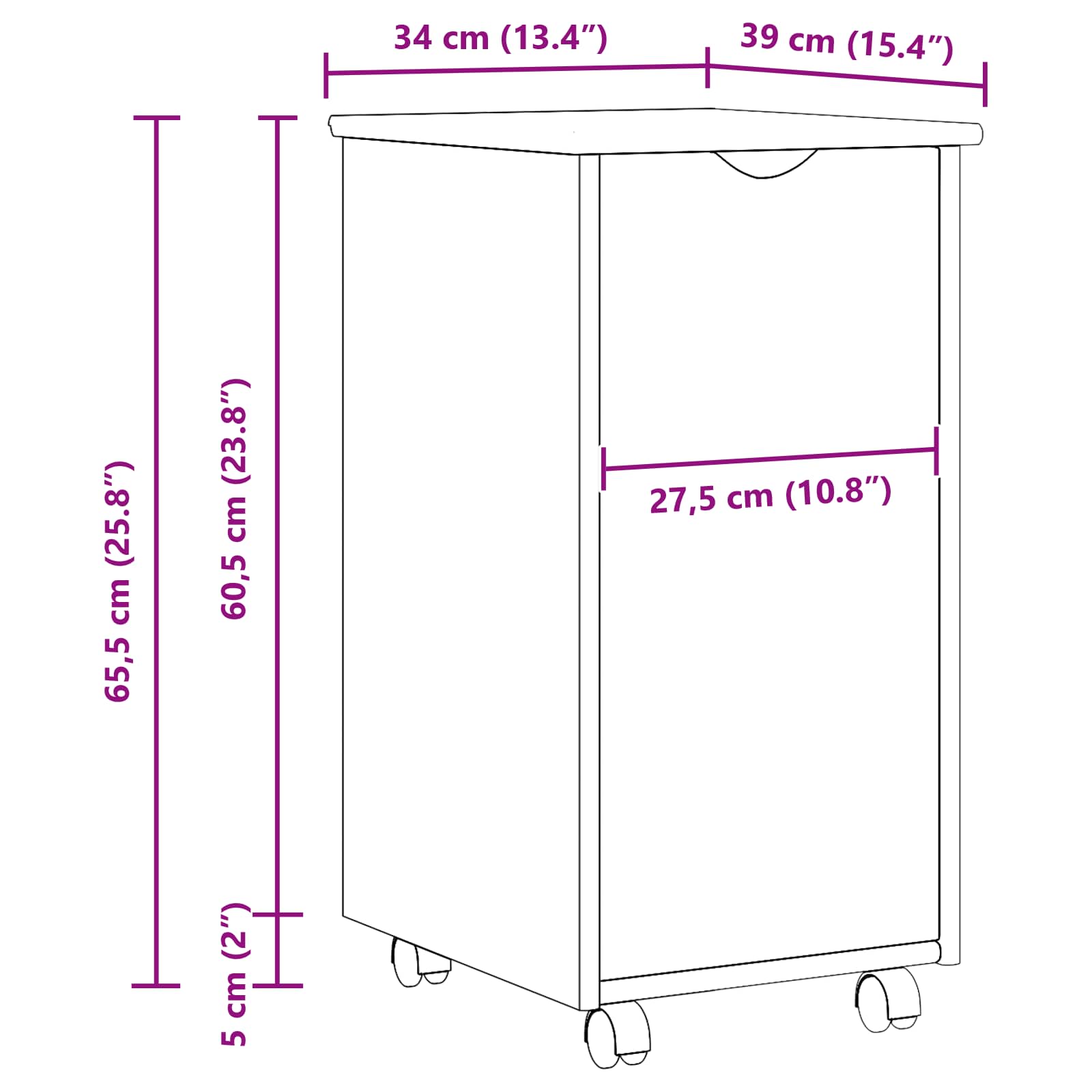 Rolling Kast met wiel Wit 34 x 39 x 65,5 cm Massief Vurenhout