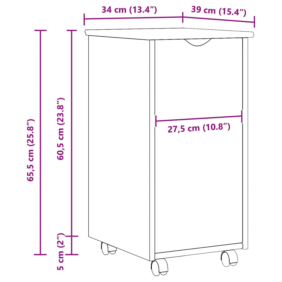 Rolling Kast met wiel Zwart 34 x 39 x 65,5 cm Massief Vurenhout
