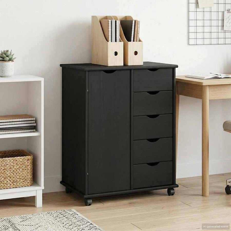 Rolling Kast met wiel Zwart 63,5 x 39 x 79 cm Massief Vurenhout