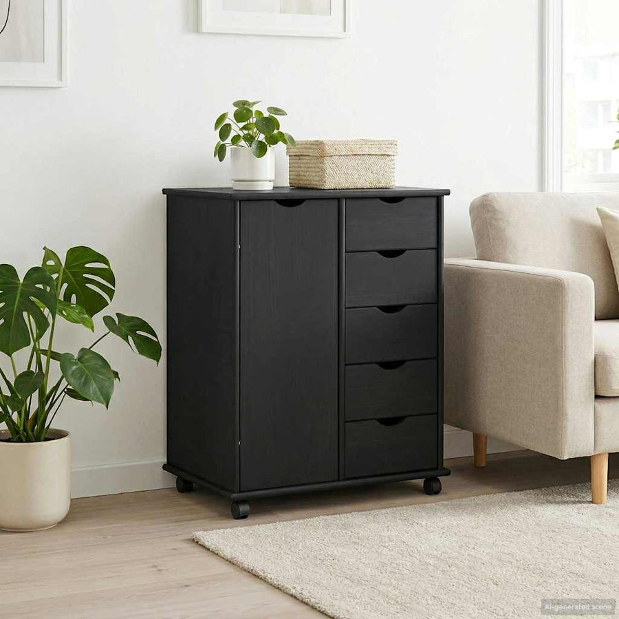 Rolling Kast met wiel Zwart 63,5 x 39 x 79 cm Massief Vurenhout