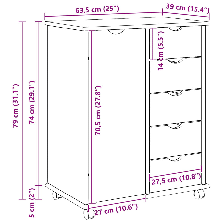Rolling Kast met wiel Zwart 63,5 x 39 x 79 cm Massief Vurenhout