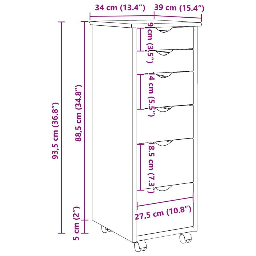 Rolling Kast met wiel Zwart 34 x 39 x 93,5 cm Massief Vurenhout