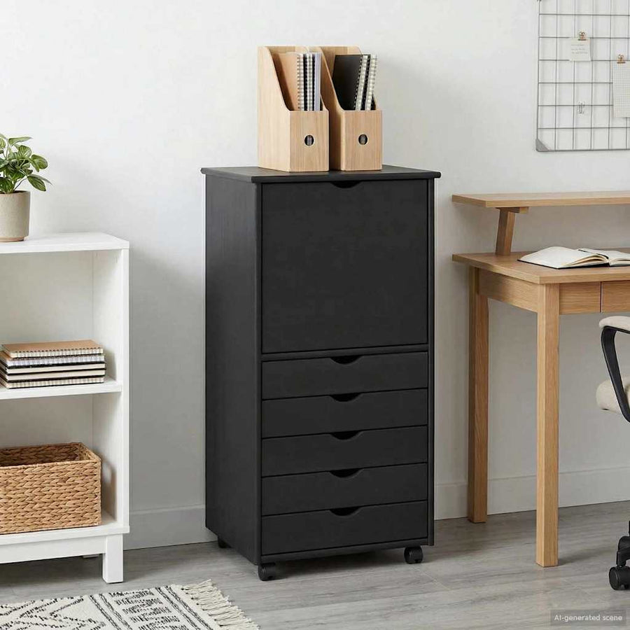 Rolling Kast met wiel Grijs 53 x 39 x 103 cm Massief Vurenhout