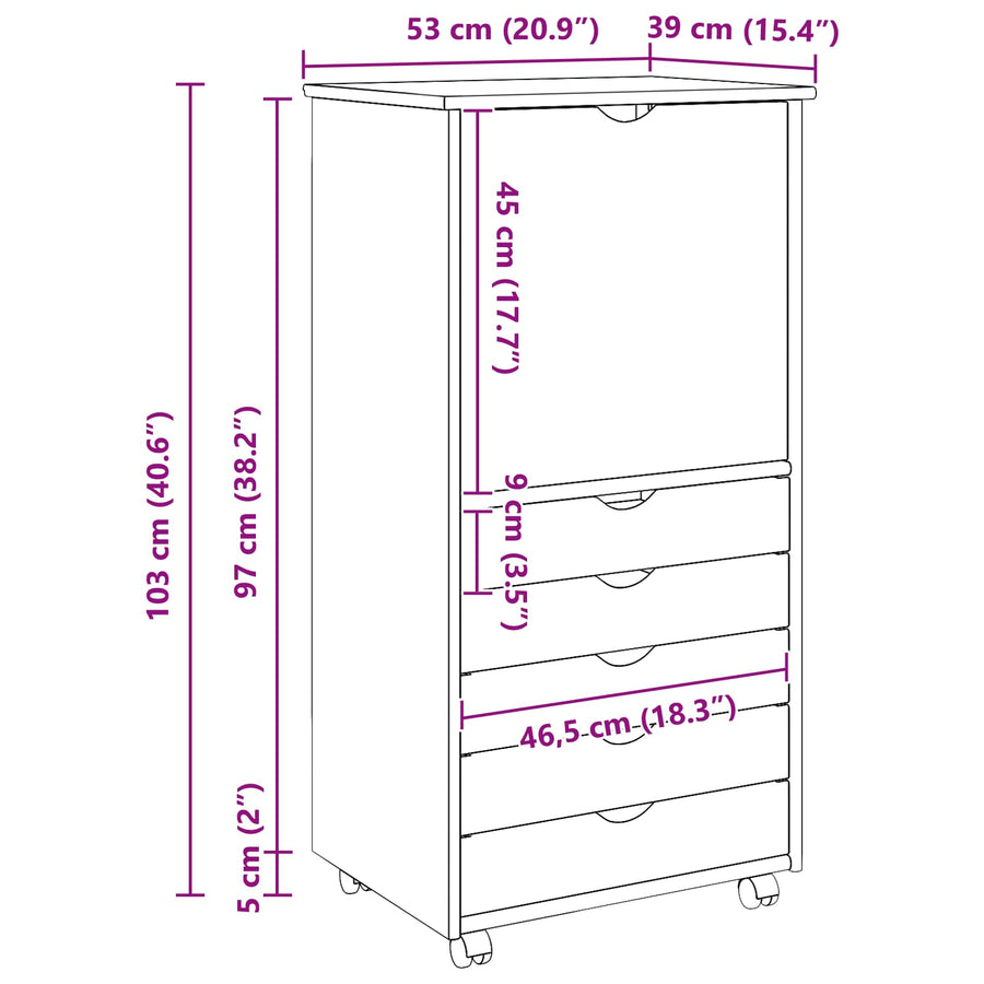 Rolling Kast met wiel Zwart 53 x 39 x 103 cm Massief Vurenhout