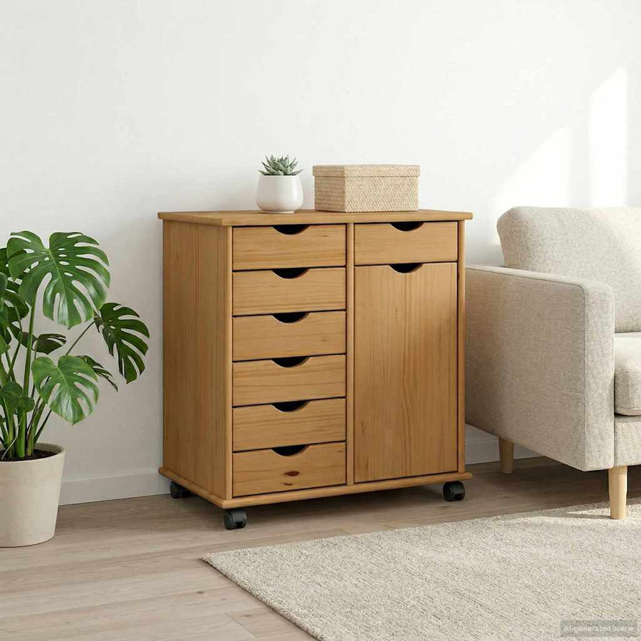 Rolling Kast Honingbruin 63,5 x 39 x 65,5 cm Massief Vurenhout