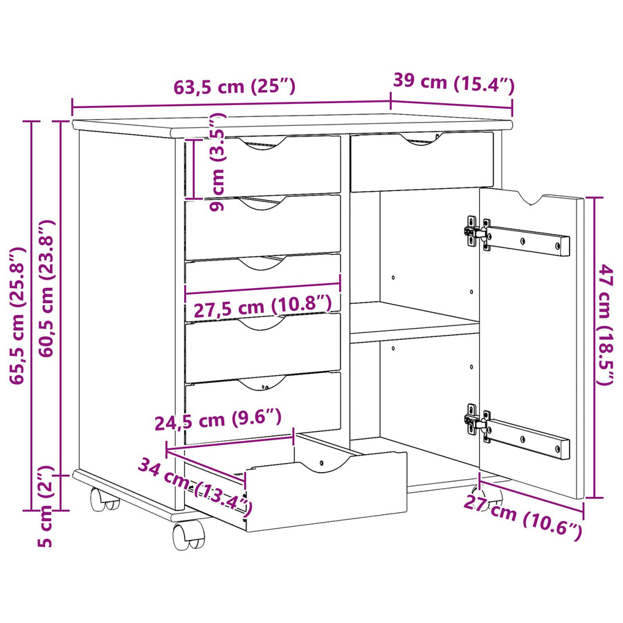 Rolling Kast Grijs 63,5 x 39 x 65,5 cm Massief Vurenhout