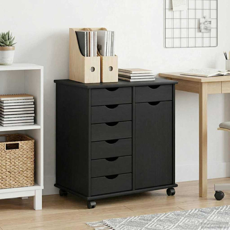 Rolling Kast Zwart 63,5 x 39 x 65,5 cm Massief Vurenhout