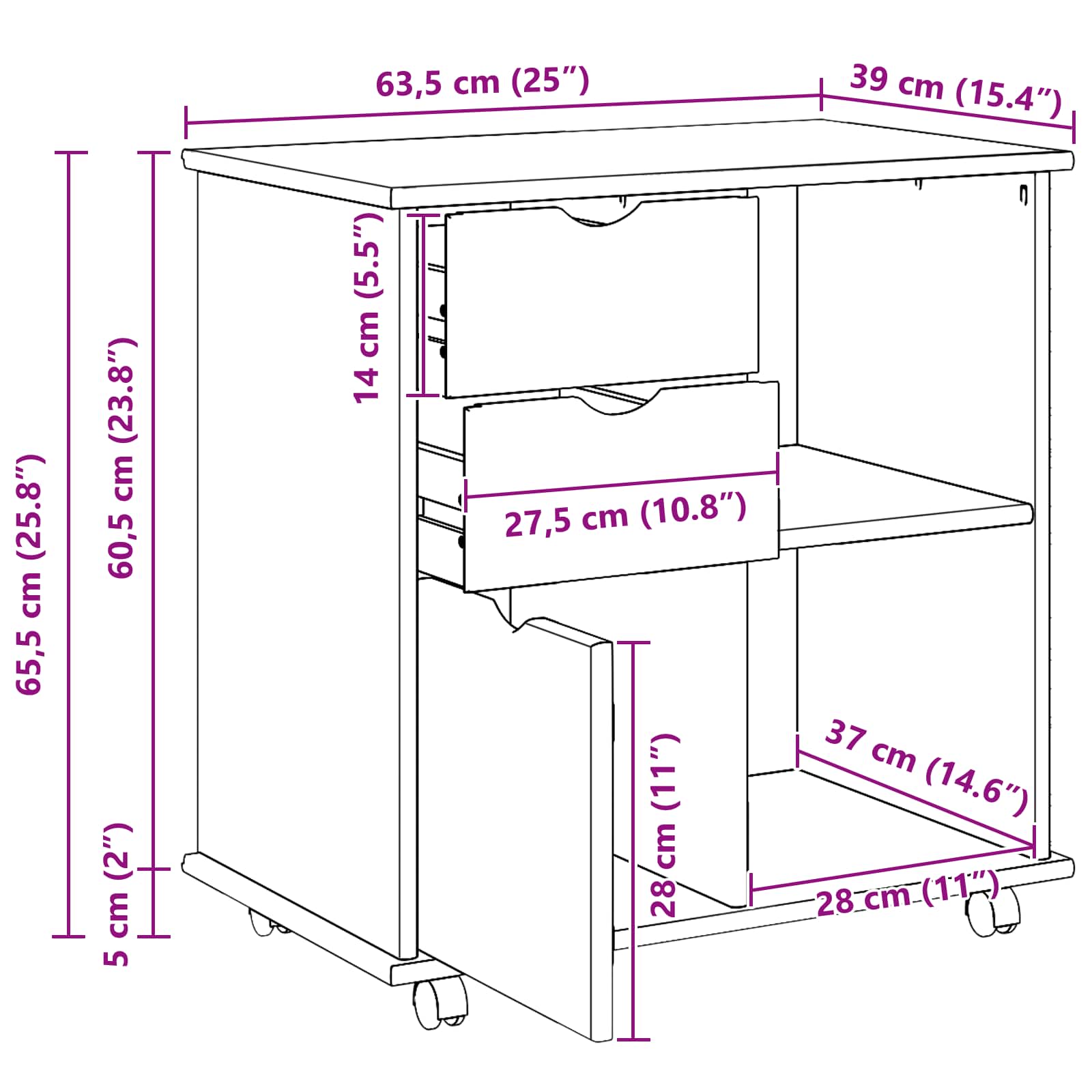 Rolling Kast Grijs 63,5 x 39 x 65,5 cm Massief Vurenhout