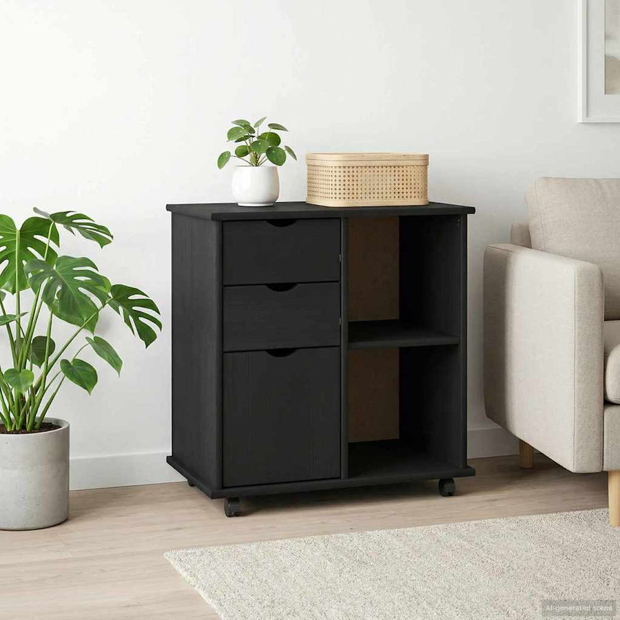 Rolling Kast Zwart 63,5 x 39 x 65,5 cm Massief Vurenhout