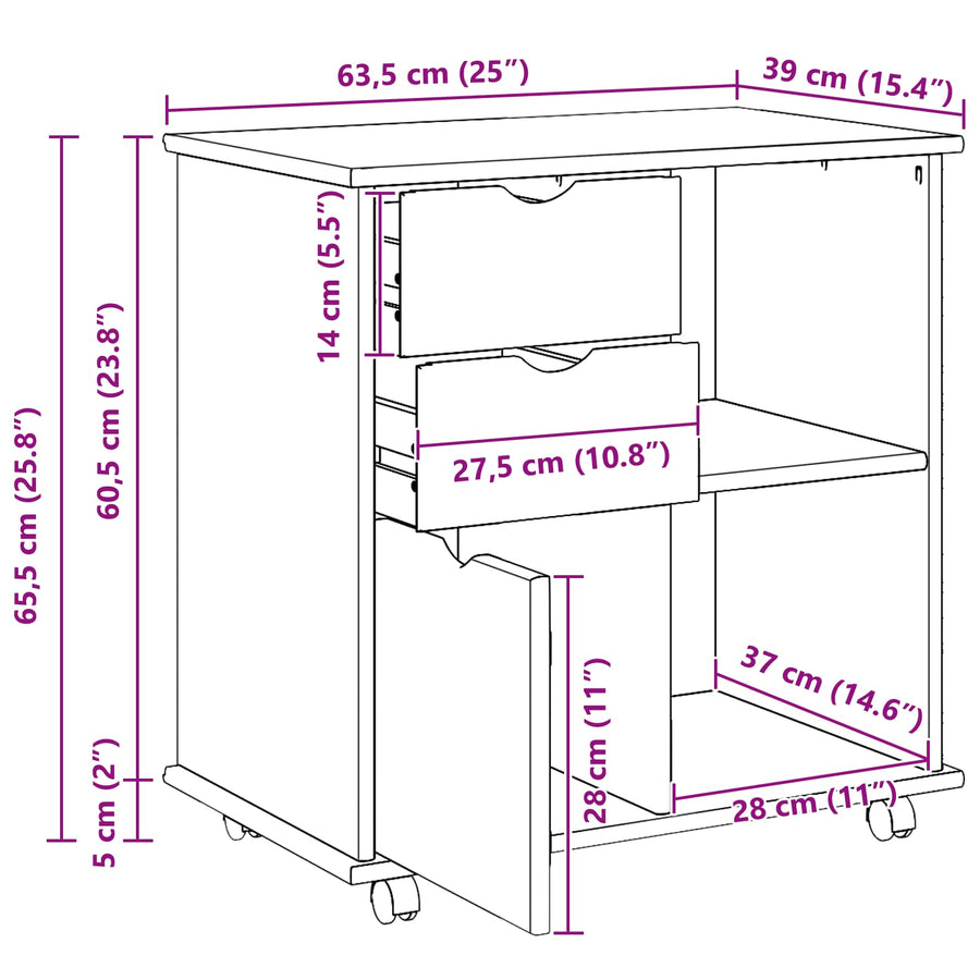 Rolling Kast Zwart 63,5 x 39 x 65,5 cm Massief Vurenhout