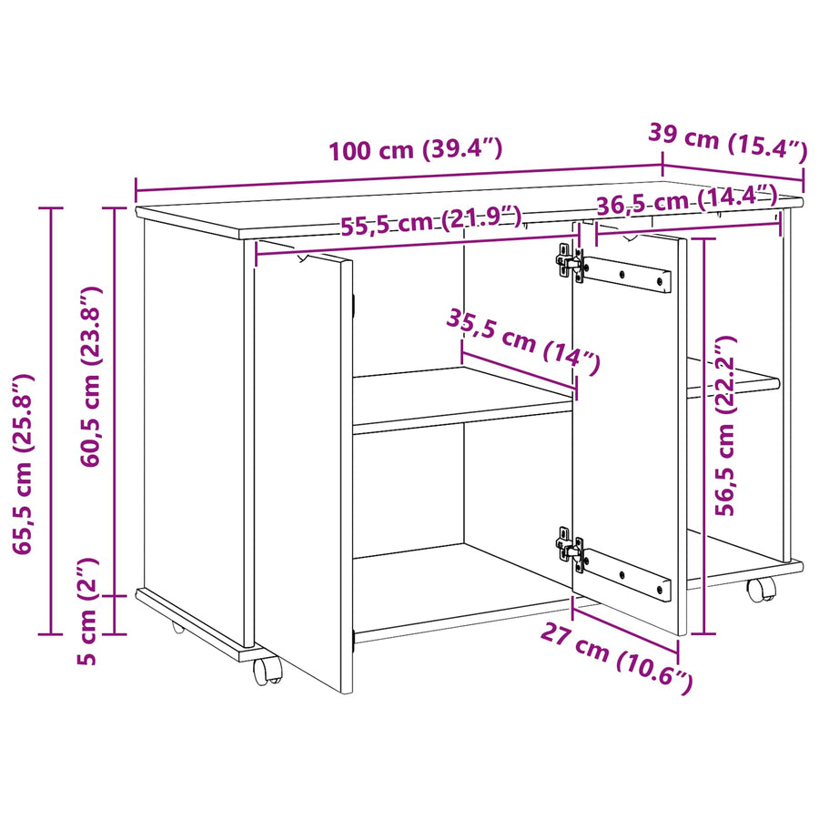 Rolling Kast Zwart 100 x 39 x 65,5 cm Massief Vurenhout